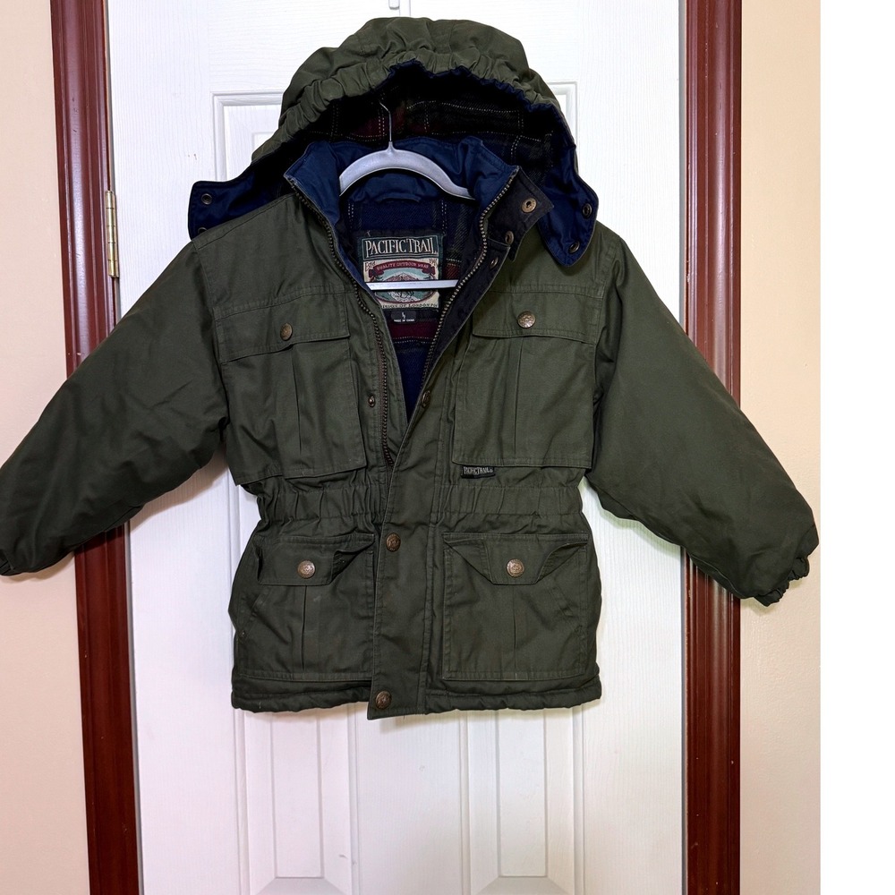 Pacific Trail Boys Olive Green Hooded Winter Jacket Plaid Lined Size L 7 296556